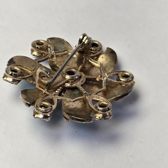 Vintage Blue Enamel Rhinestone Flower Brooch Pin Mid Century Guilloche Style - Picture 6 of 11